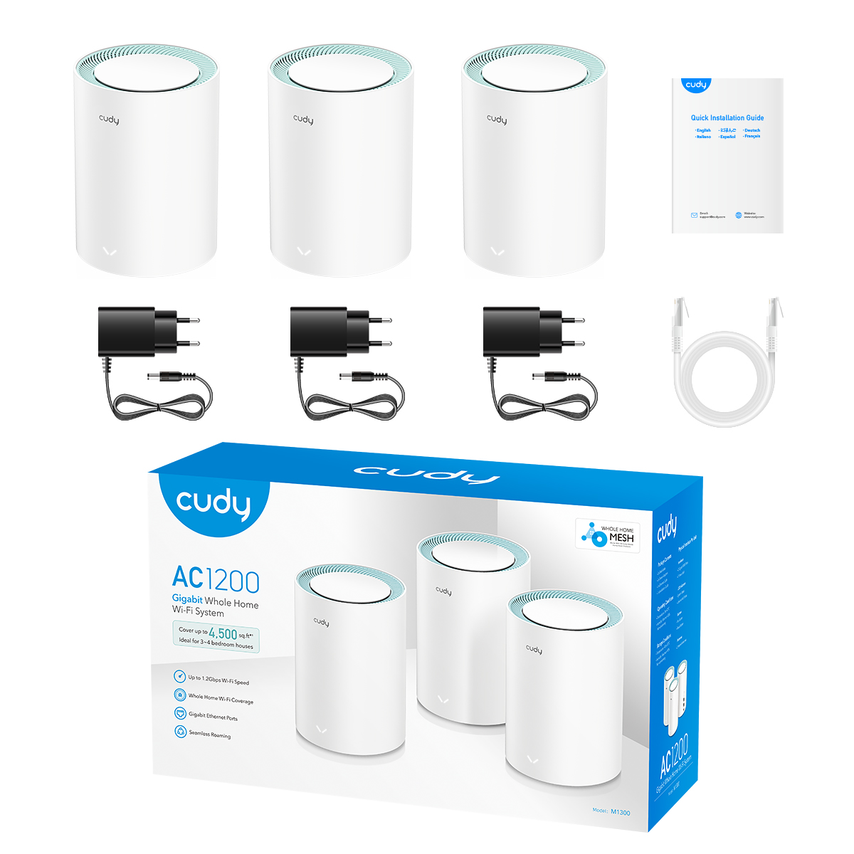CUDY M1300 3-Pack AC1200 Dual Band Whole Home Wi-Fi Mesh Gigabit Router CUDY M1300 3-Pack AC1200 Dual Band Whole Home Wi-Fi Mesh Gigabit Router